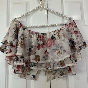 LOVE CULTURE Off shoulder white floral crop top with ruffles- size large